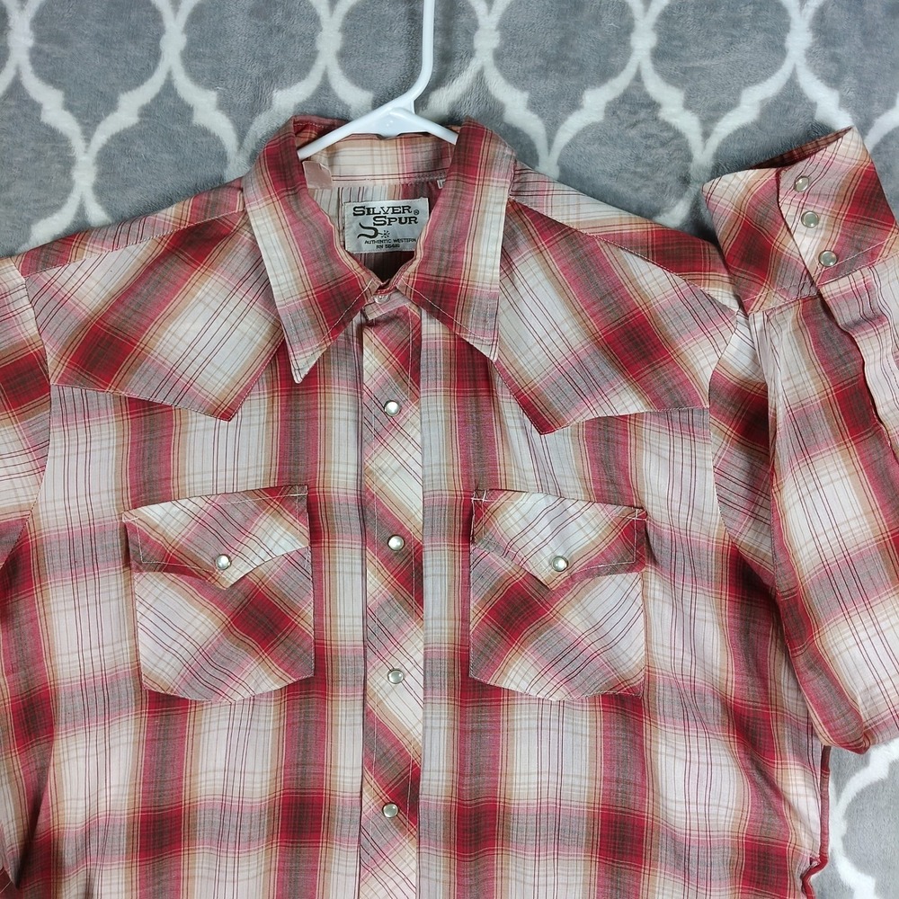 Silver Spur Western Shirt Men XL 17 35 Rust Beige Plaid Pearl Snap Cowboy